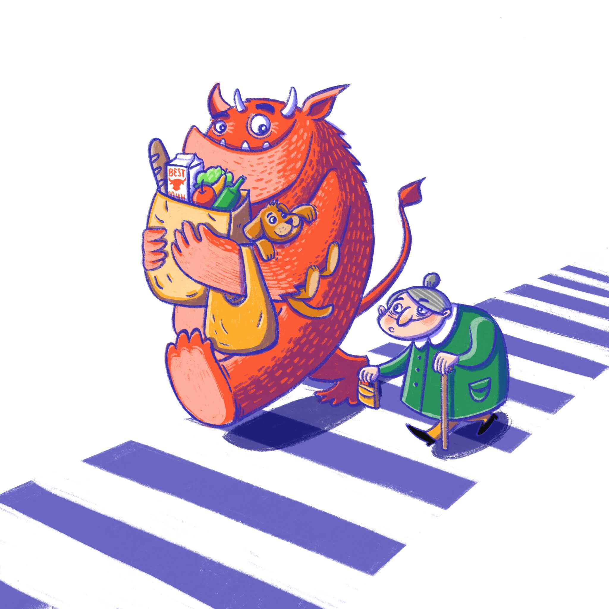 a monster hepls his granny crossing the street