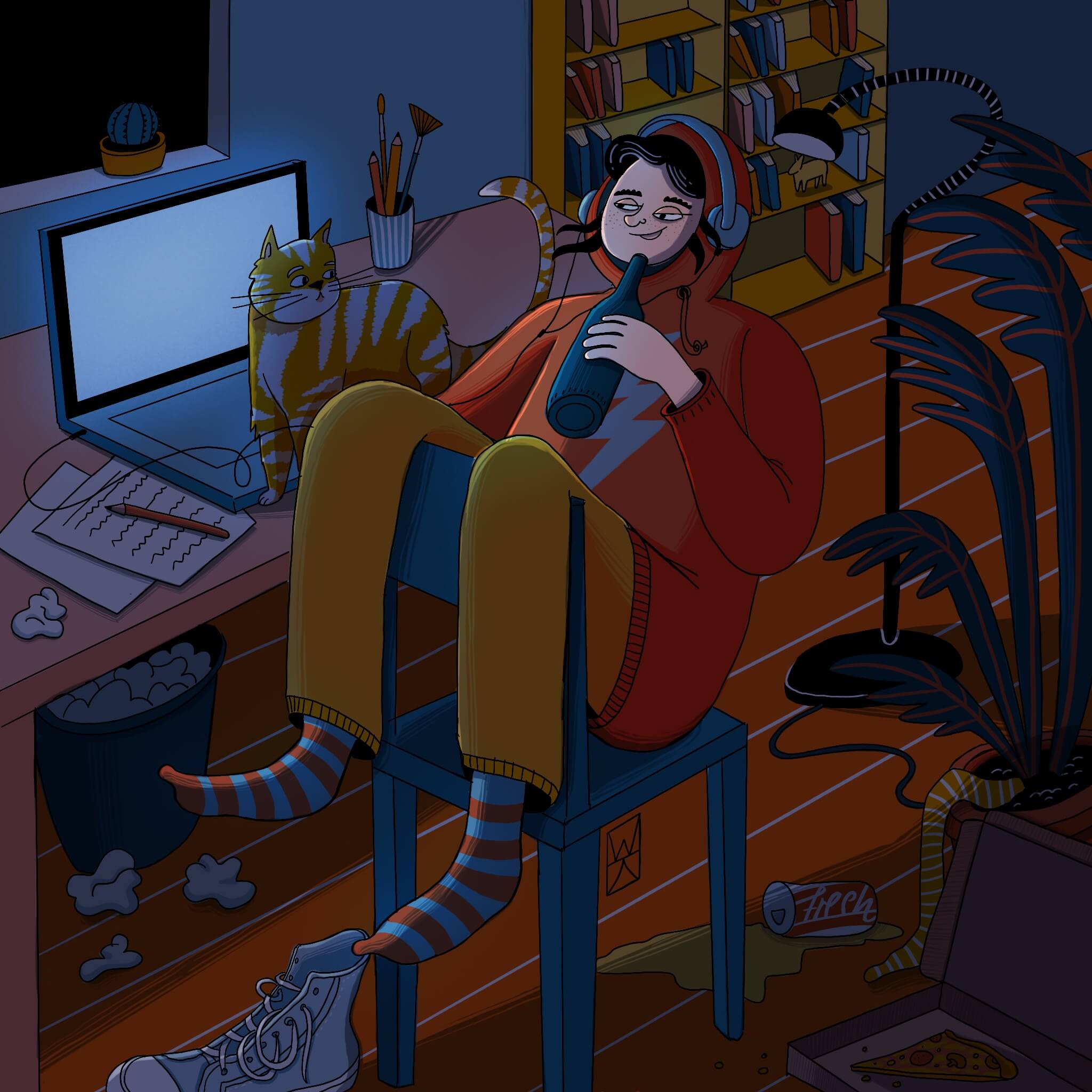 girl sitting in front of her computer-nightscene