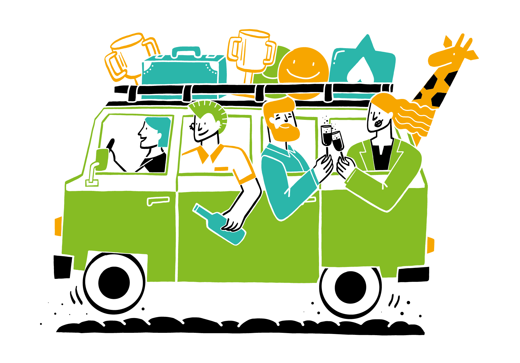 illustration group in a van