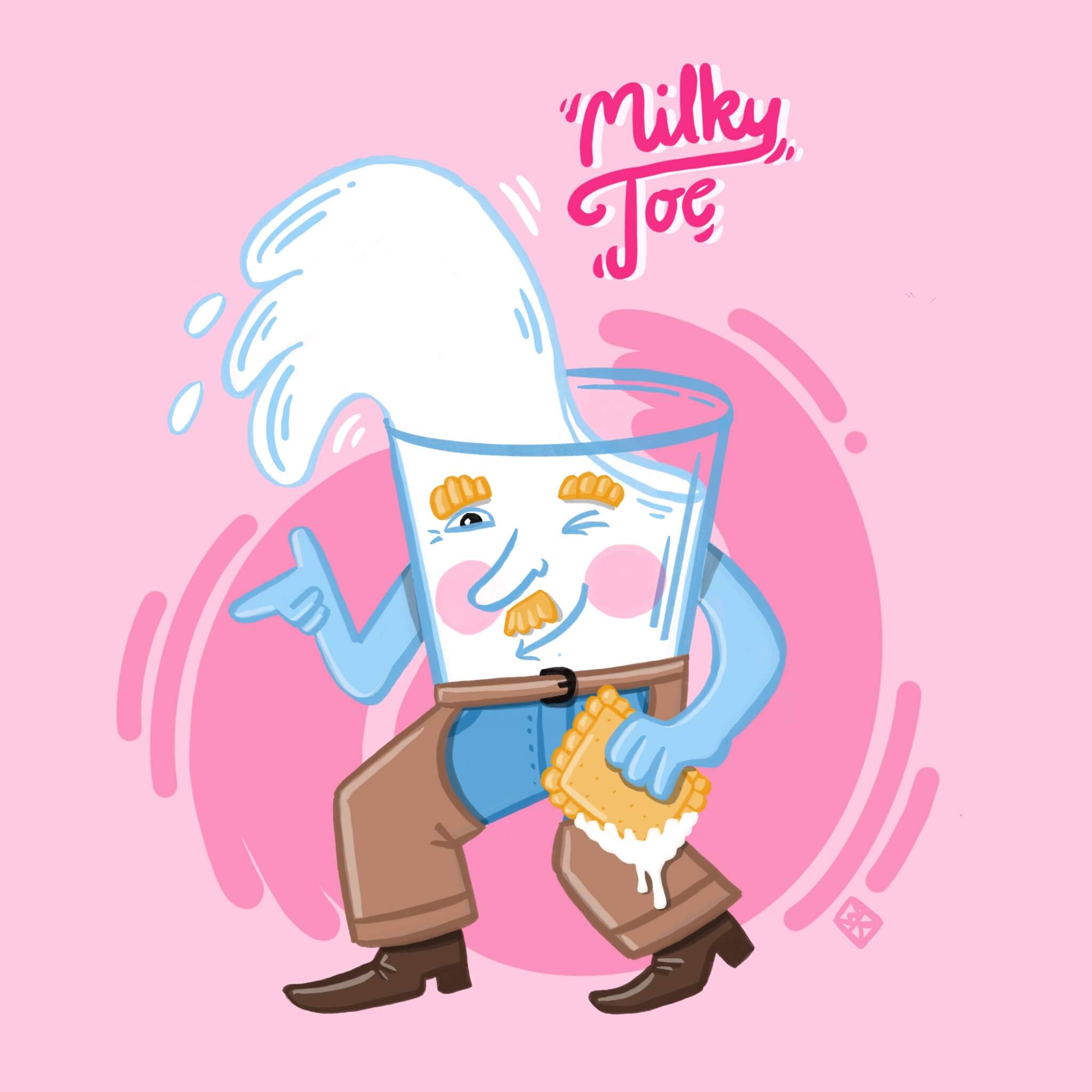 a milk glass character with a cookie in his hand