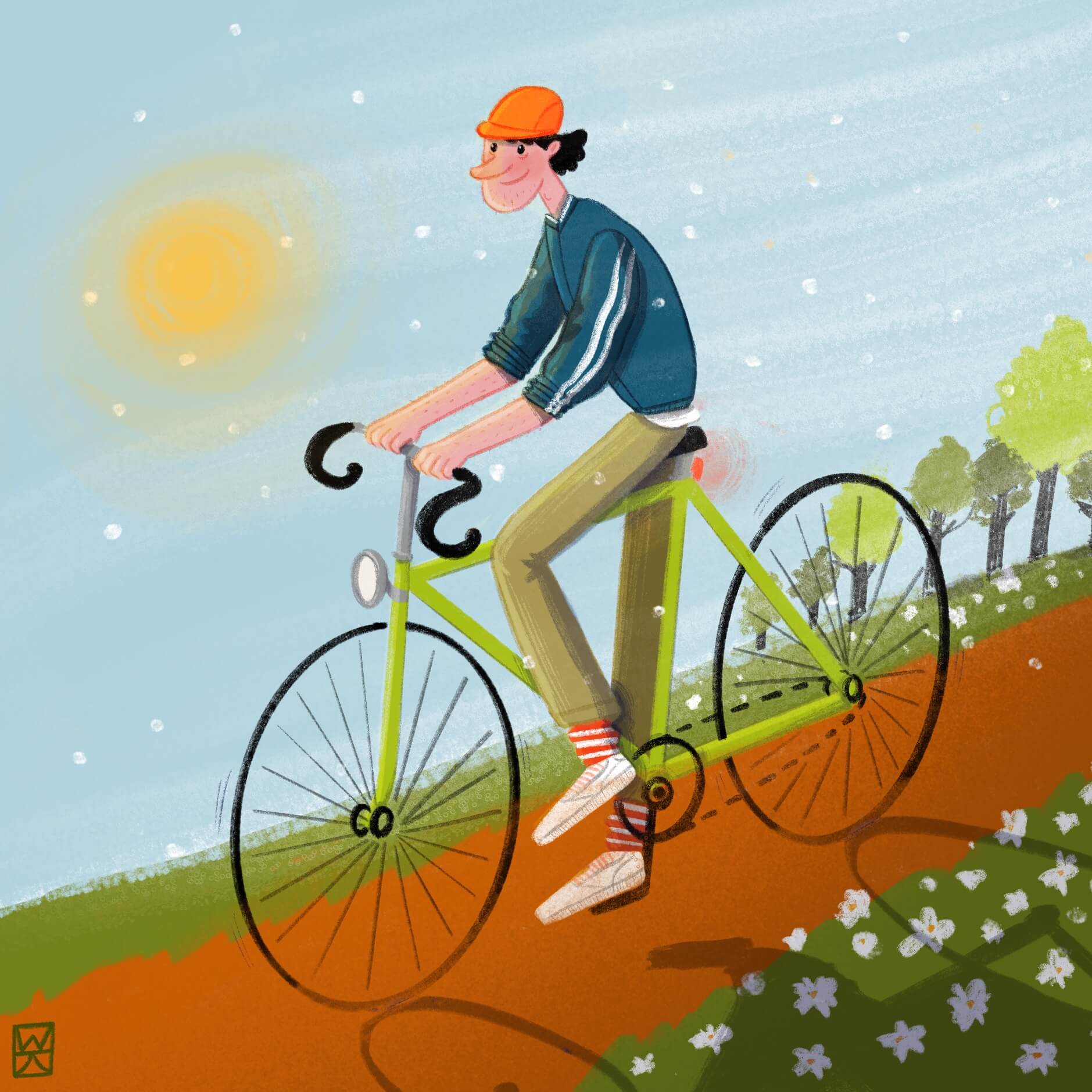 Boy rides his bike through colorful meadows