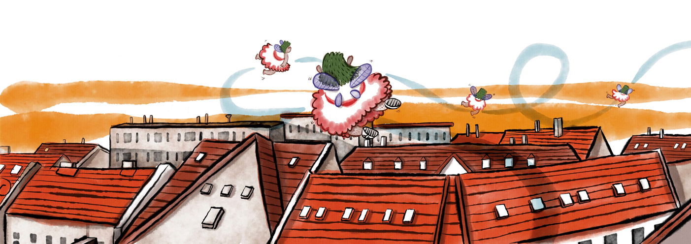 a fairy floats over the rooftops