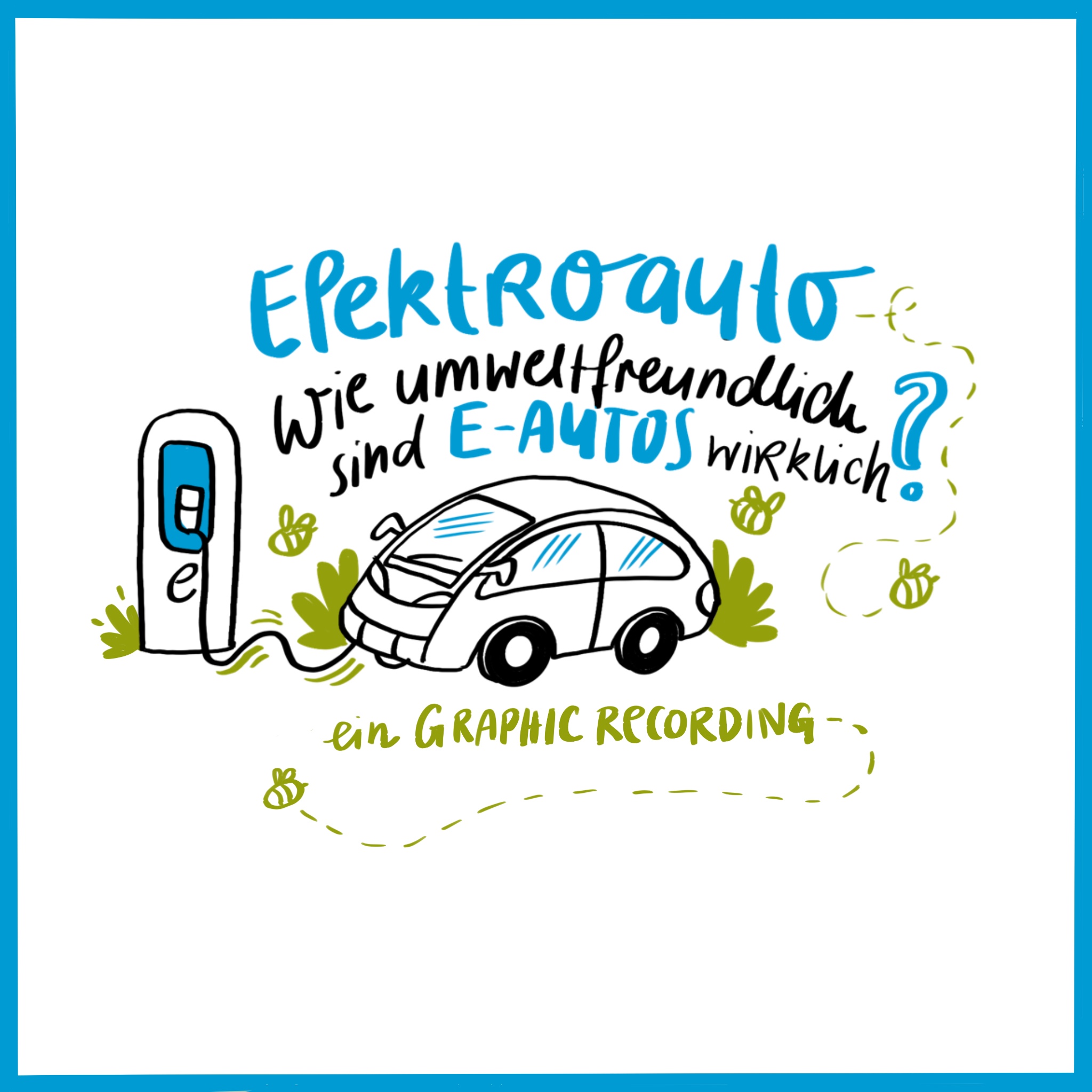 a graphic teaser about a graphic recording. Topic is about eco-friendly cars. doodle style with 2 colors.