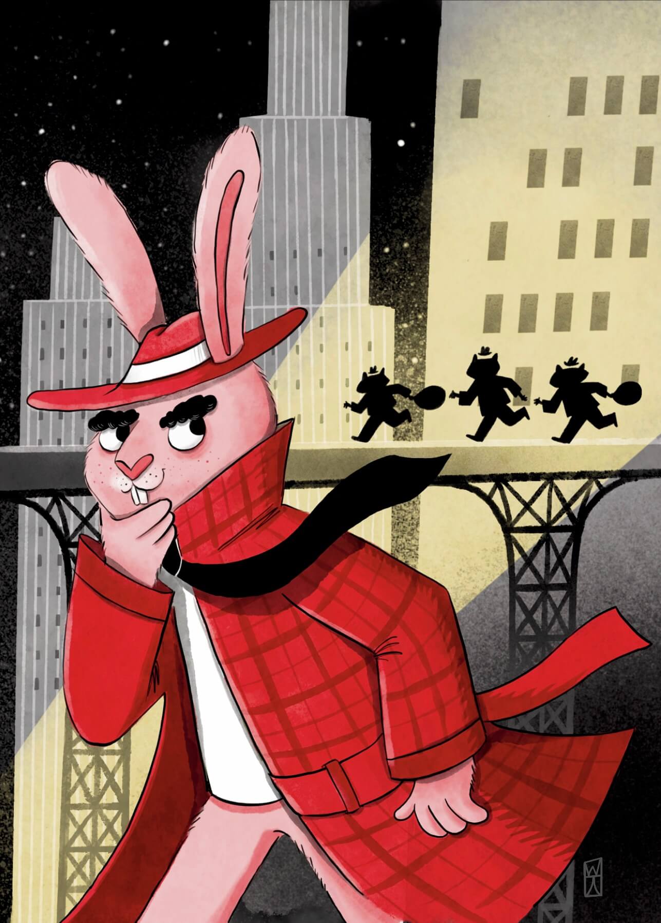 a pink rabbit in a red trenchcoat is looking behind