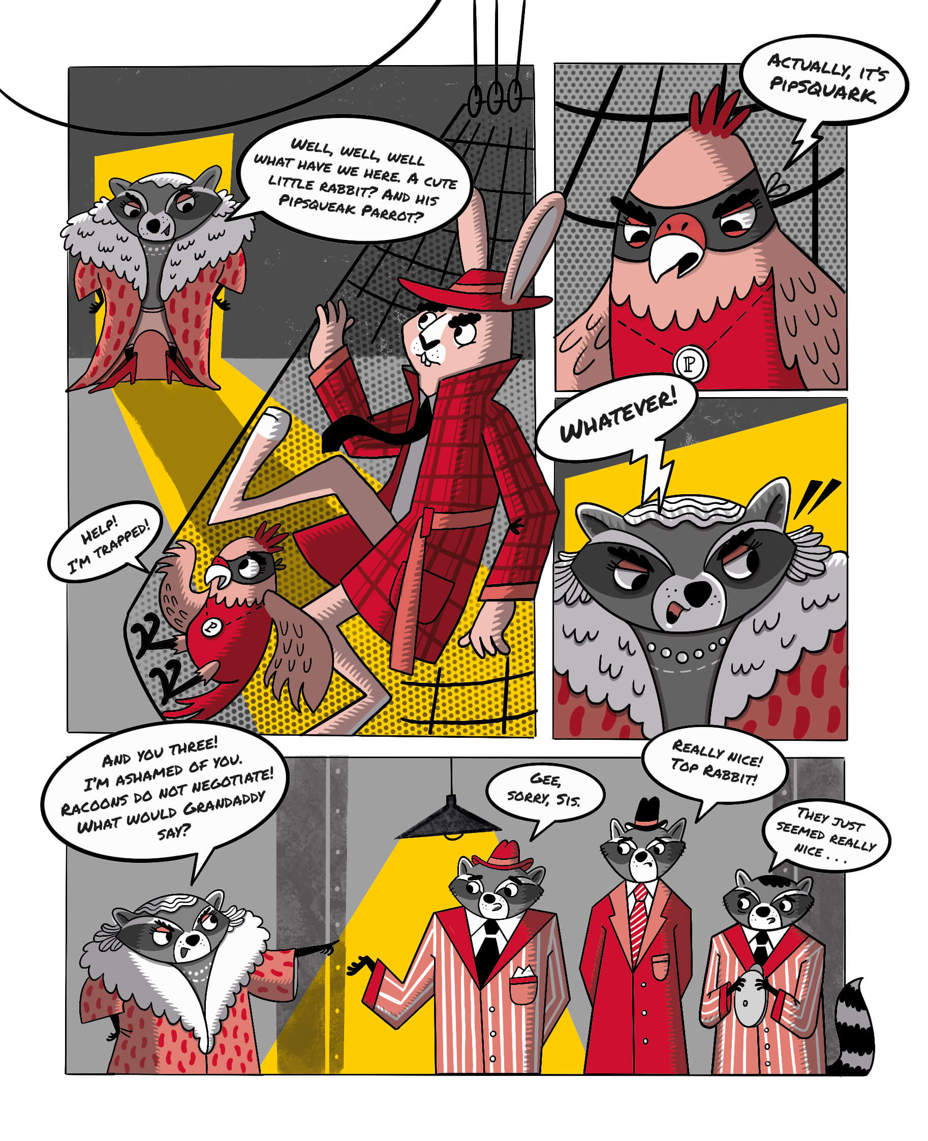 comic art. rabbit and his friend were trapped in a net. a villian racoon is shouting at them.