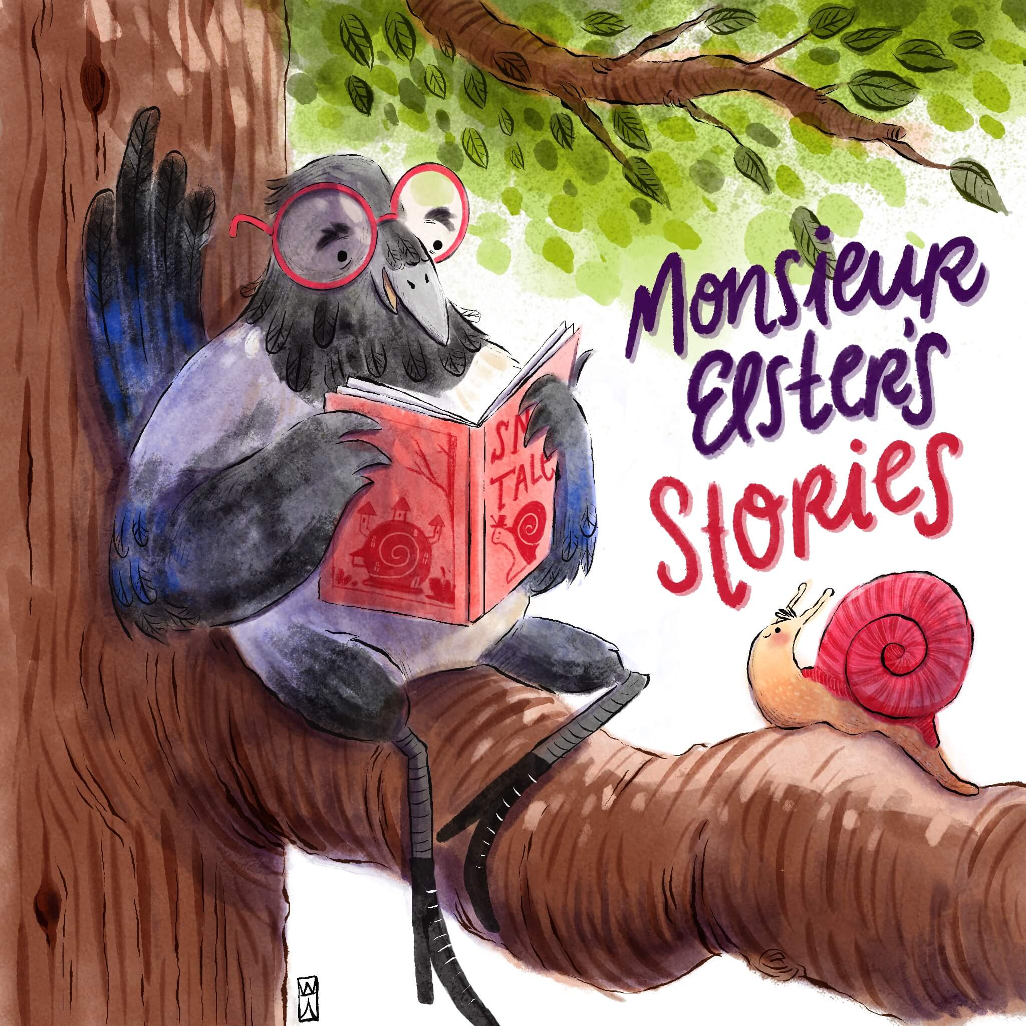 a magpie sitting on a tree and reding a book to a snail