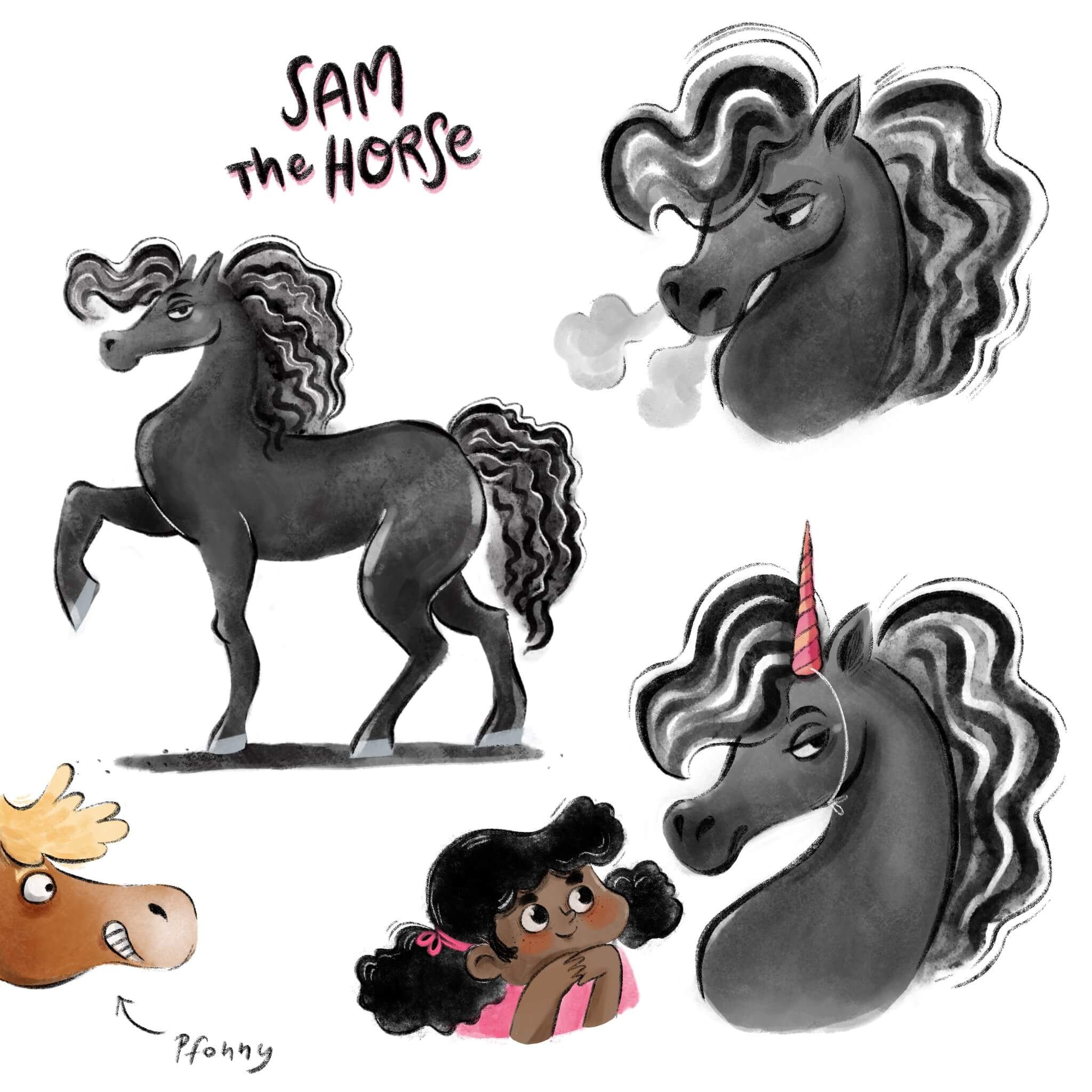 charactersheet of a black horse named sam
