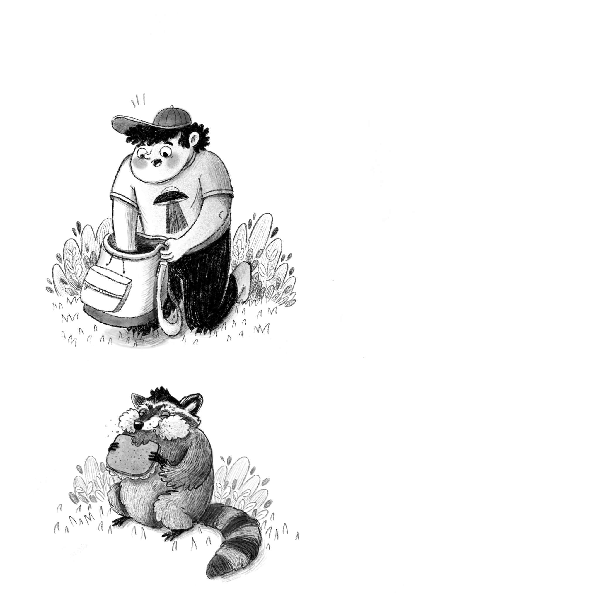 a boy and aracoon. The boy is searching for his sandwich in his backpack. the racoon is eating his sandwich.