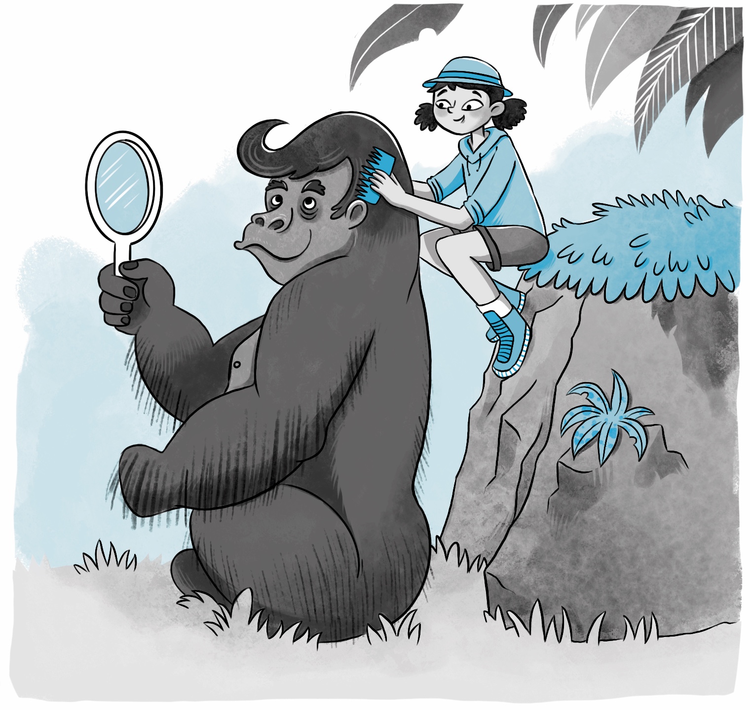 illustration of a girl brushing the hair of a huge gorilla