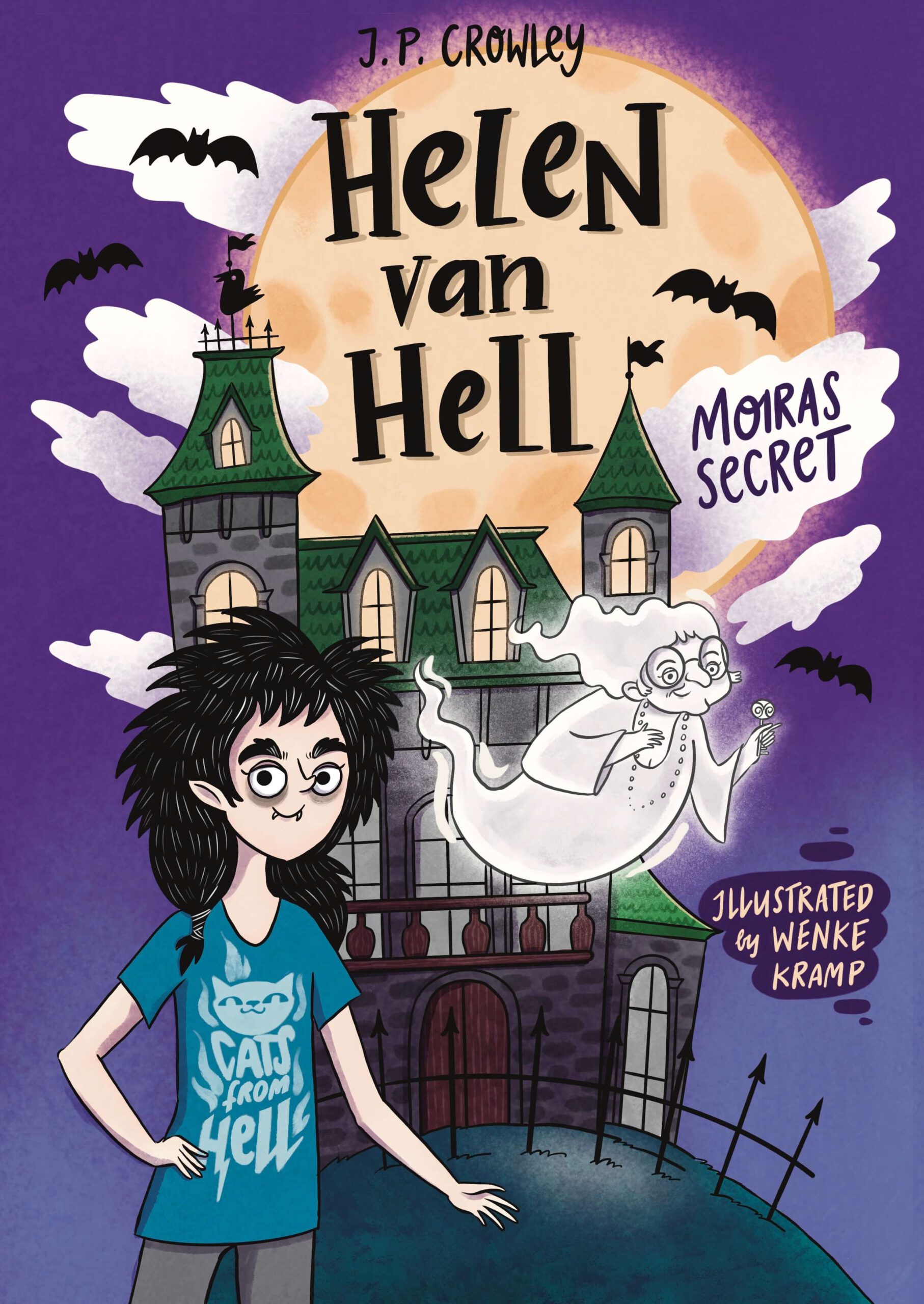 cover of a childrensbookof an vampiregirl. she is standing in front of a huge old mansion.