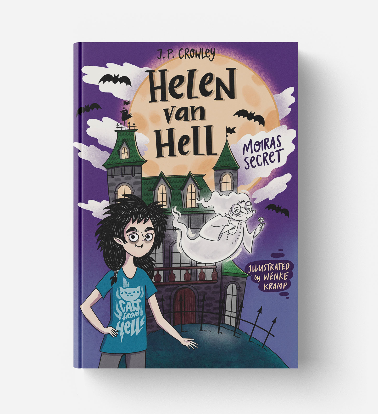 cover of a childrensbookof an vampiregirl. she is standing in front of a huge old mansion.